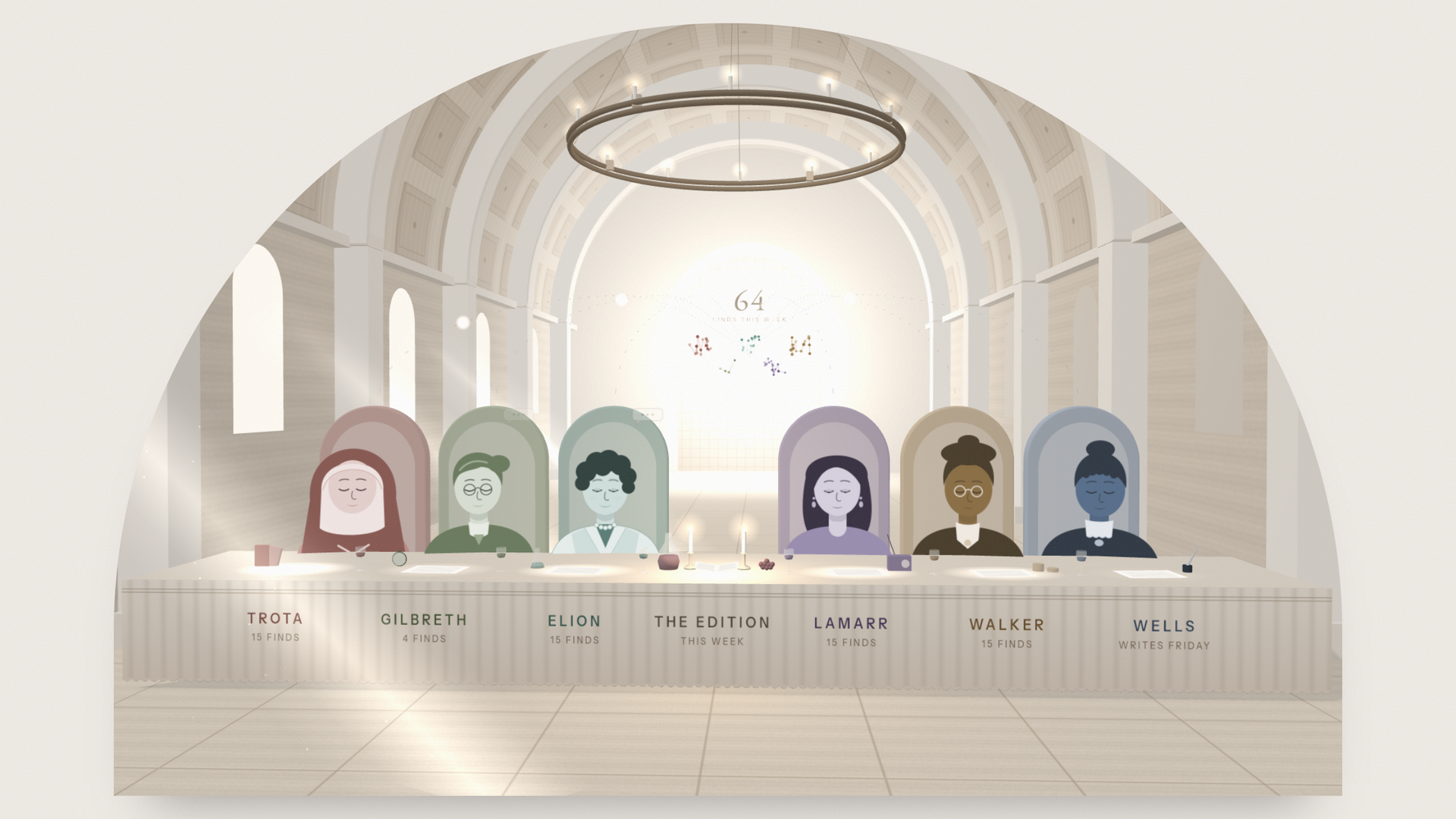 femswarm: six illustrated AI research agents, Trota, Gilbreth, Elion, Lamarr, Walker, and Wells